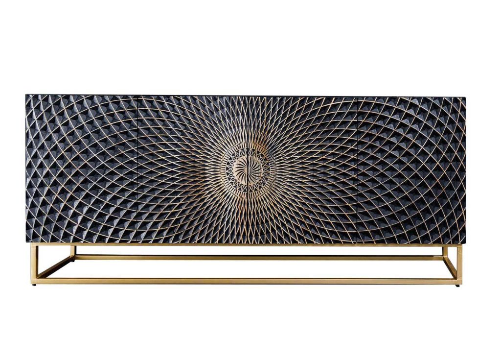 Buffet original en bois noir avec façades mandala 177 cm