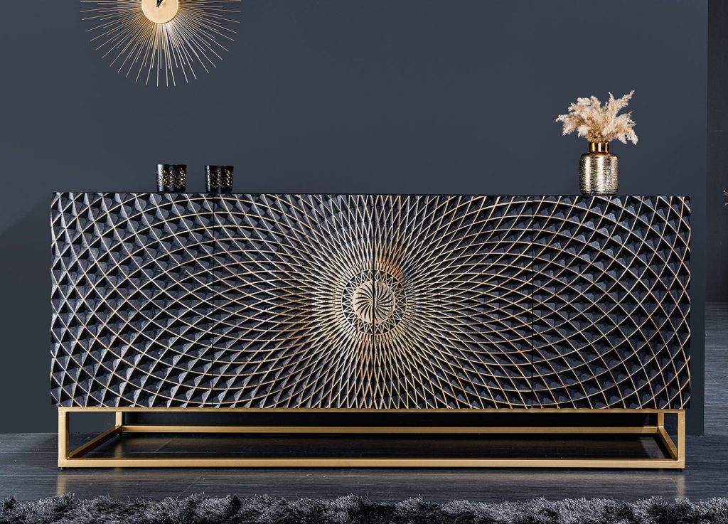 Buffet original en bois noir avec façades mandala 177 cm