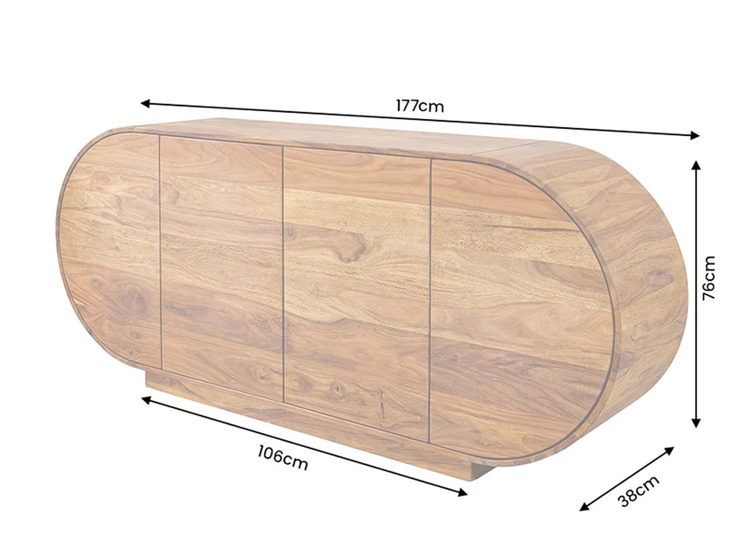 Dimensions du buffet Ovélis : 177 cm de large, 76 cm de haut et 38 cm de profondeur