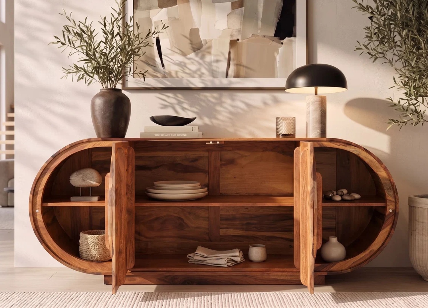 Buffet Ovélis avec portes ouvertes et six compartiments de rangement