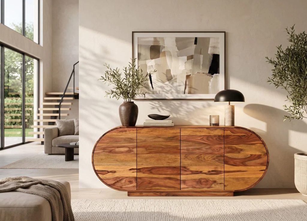 Buffet Ovélis en sheesham massif dans un salon lumineux