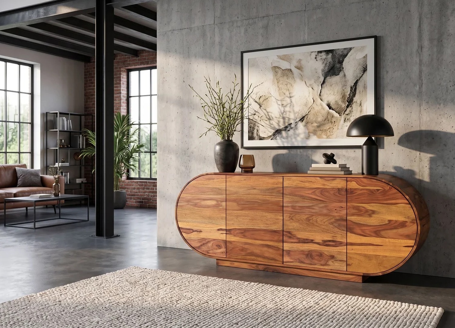 Buffet Ovélis ovale en sheesham massif dans un loft moderne