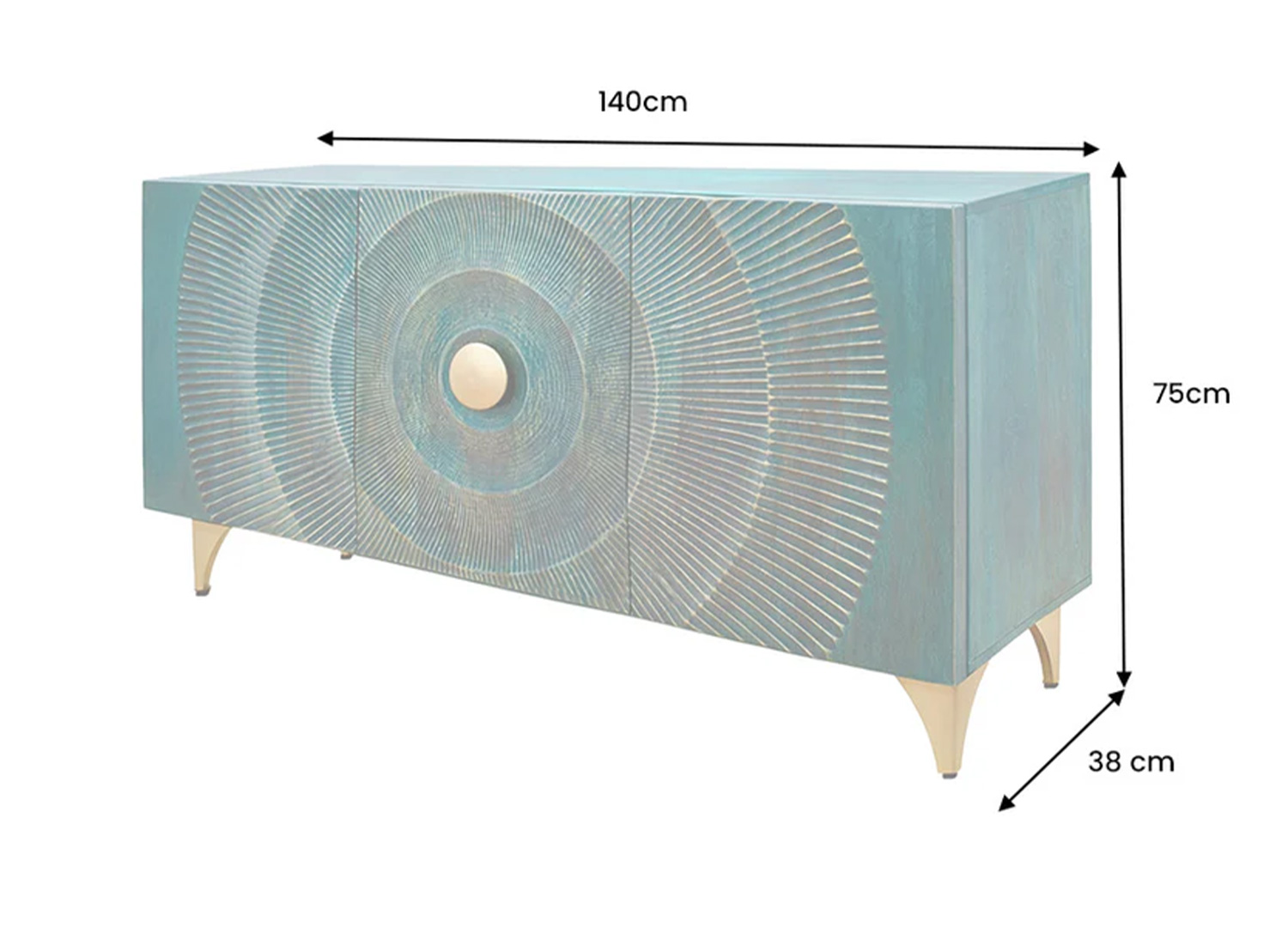 Dimensions du buffet Sunset : 140 cm de large, 75 cm de haut et 38 cm de profondeur