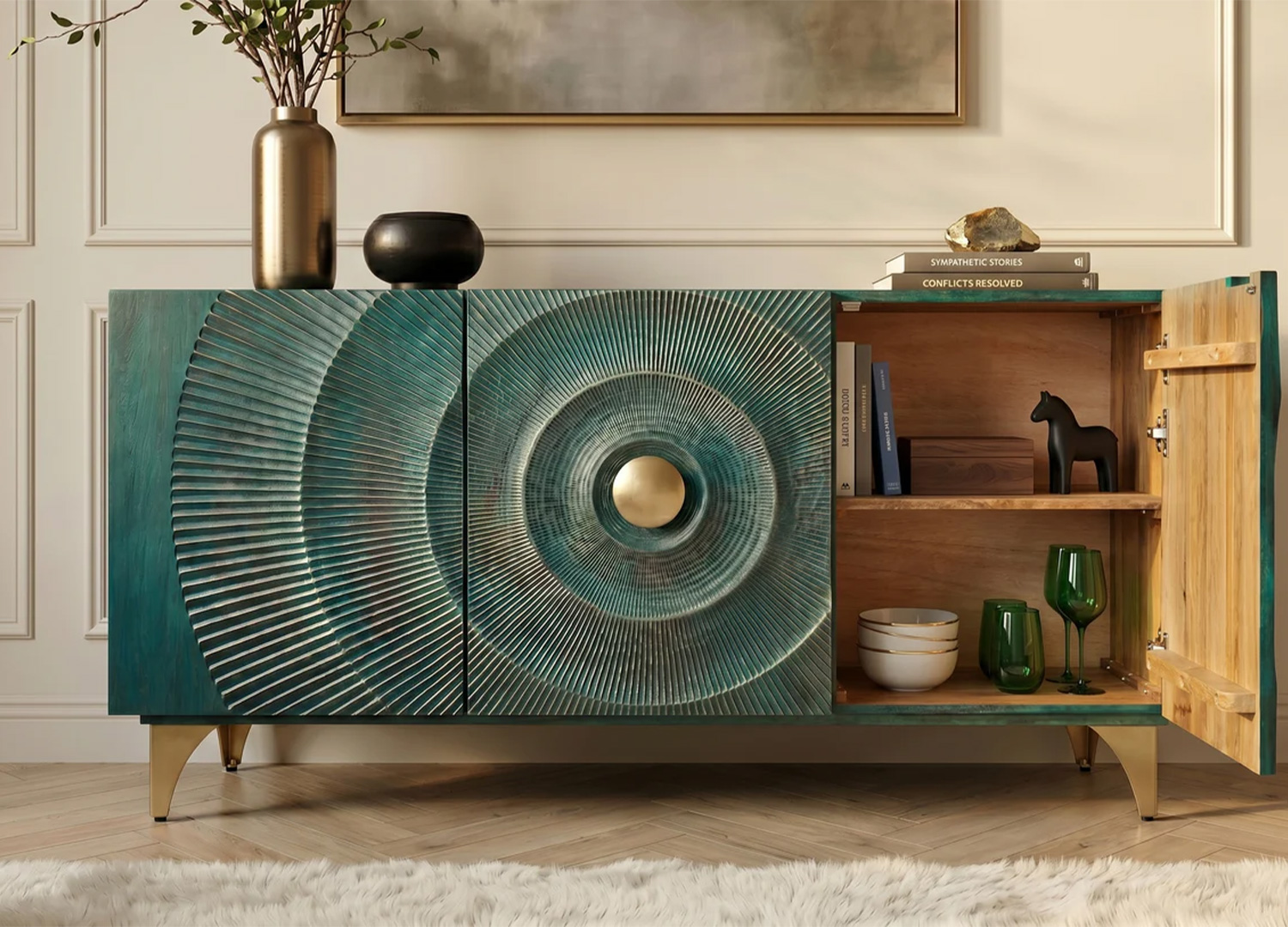 Buffet Sunset turquoise avec une porte ouverte et étagères intérieures