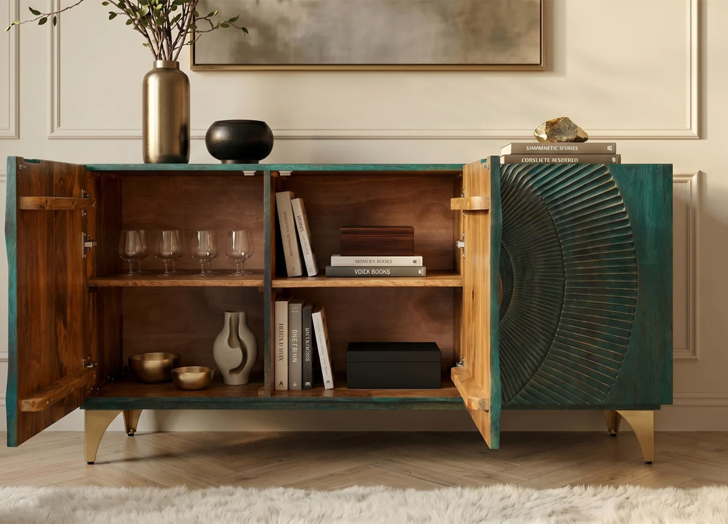 Buffet Sunset portes ouvertes avec ses rangements intérieurs