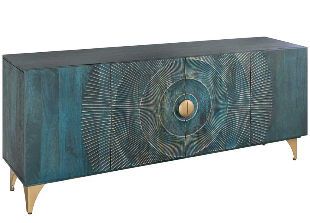 Buffet Sunset turquoise sculpté en ambiance salle à manger