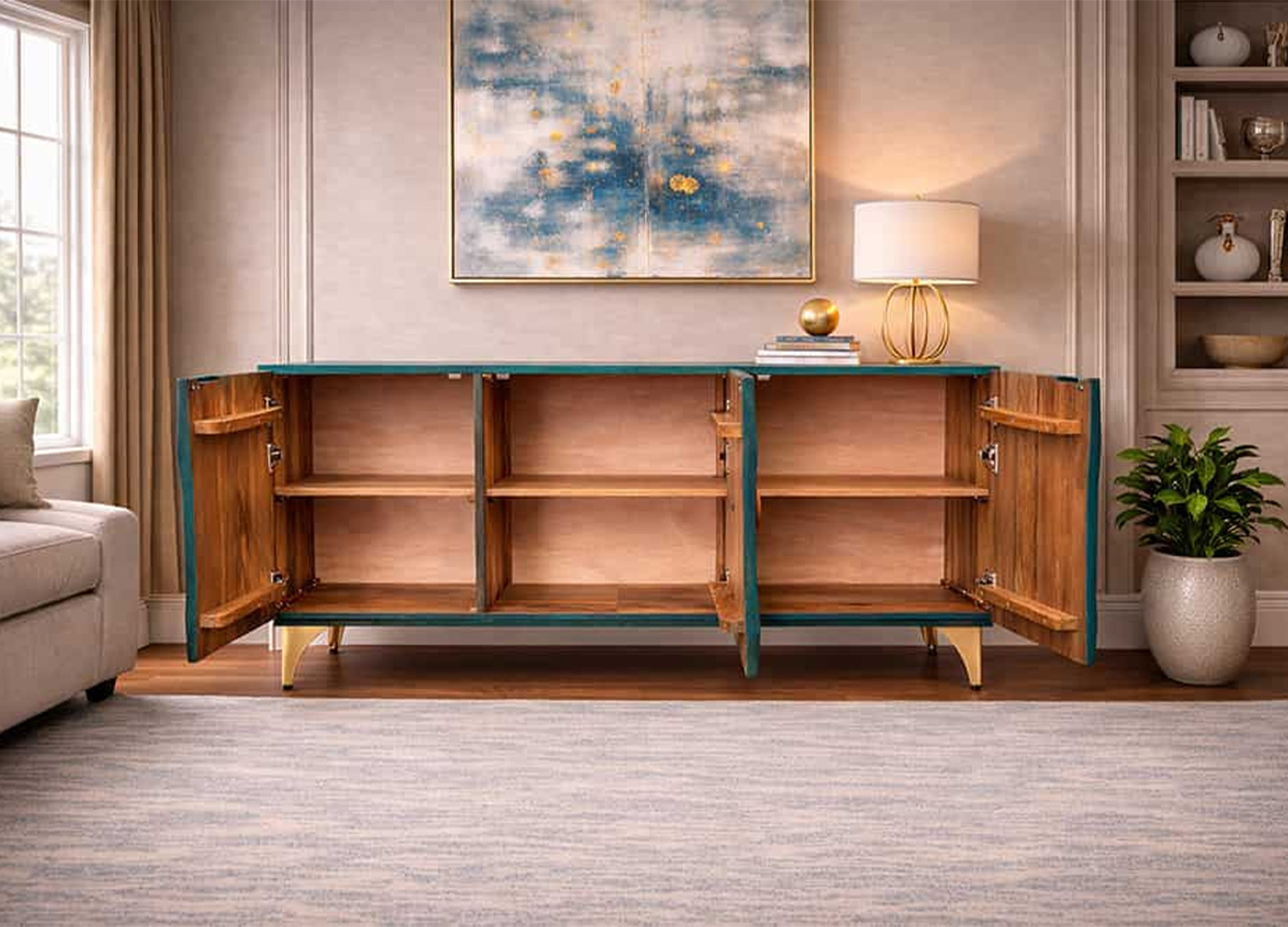 Six compartiments de rangement à l’intérieur du buffet Sunset