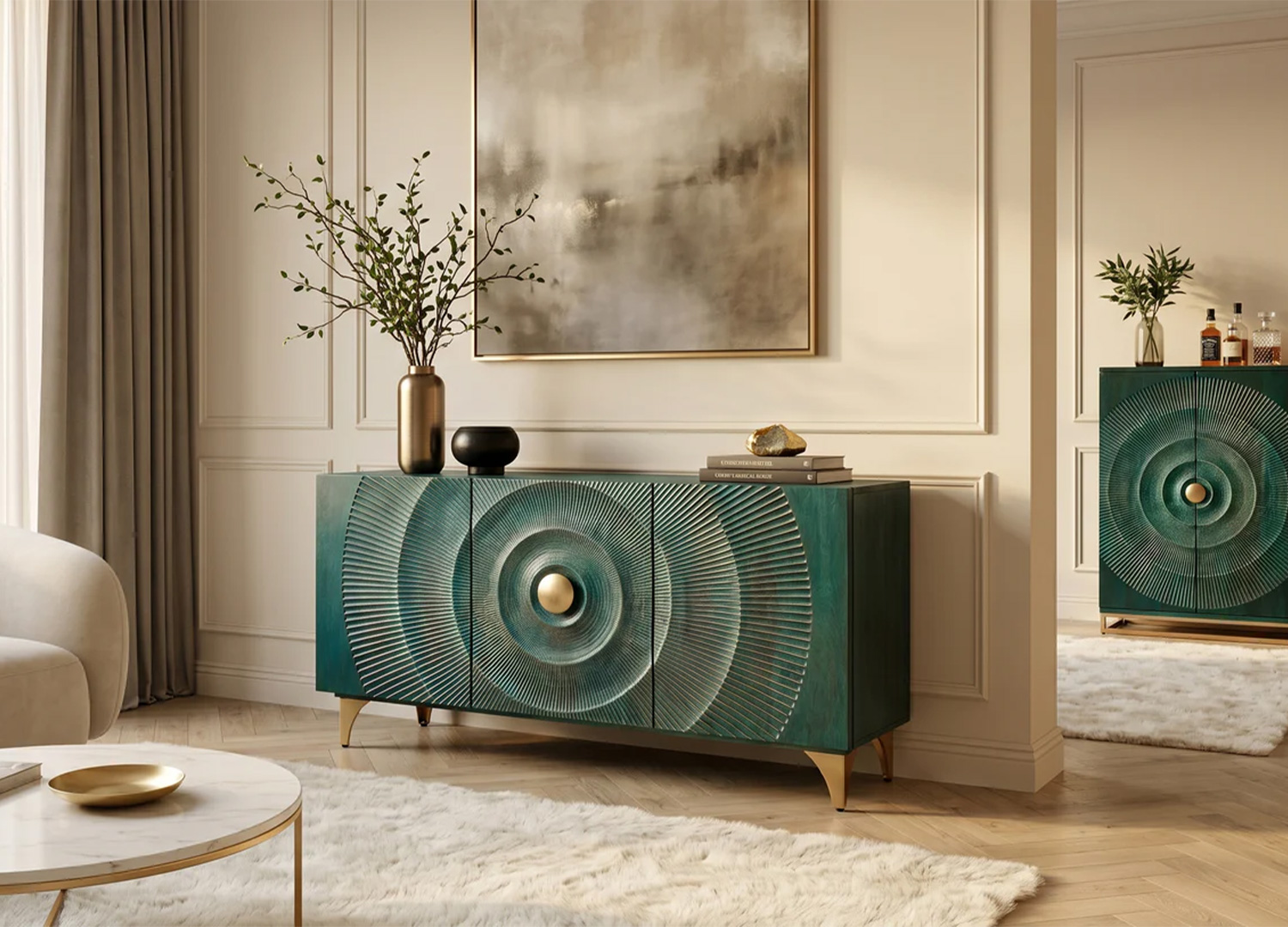 Buffet Sunset turquoise et doré dans un salon lumineux