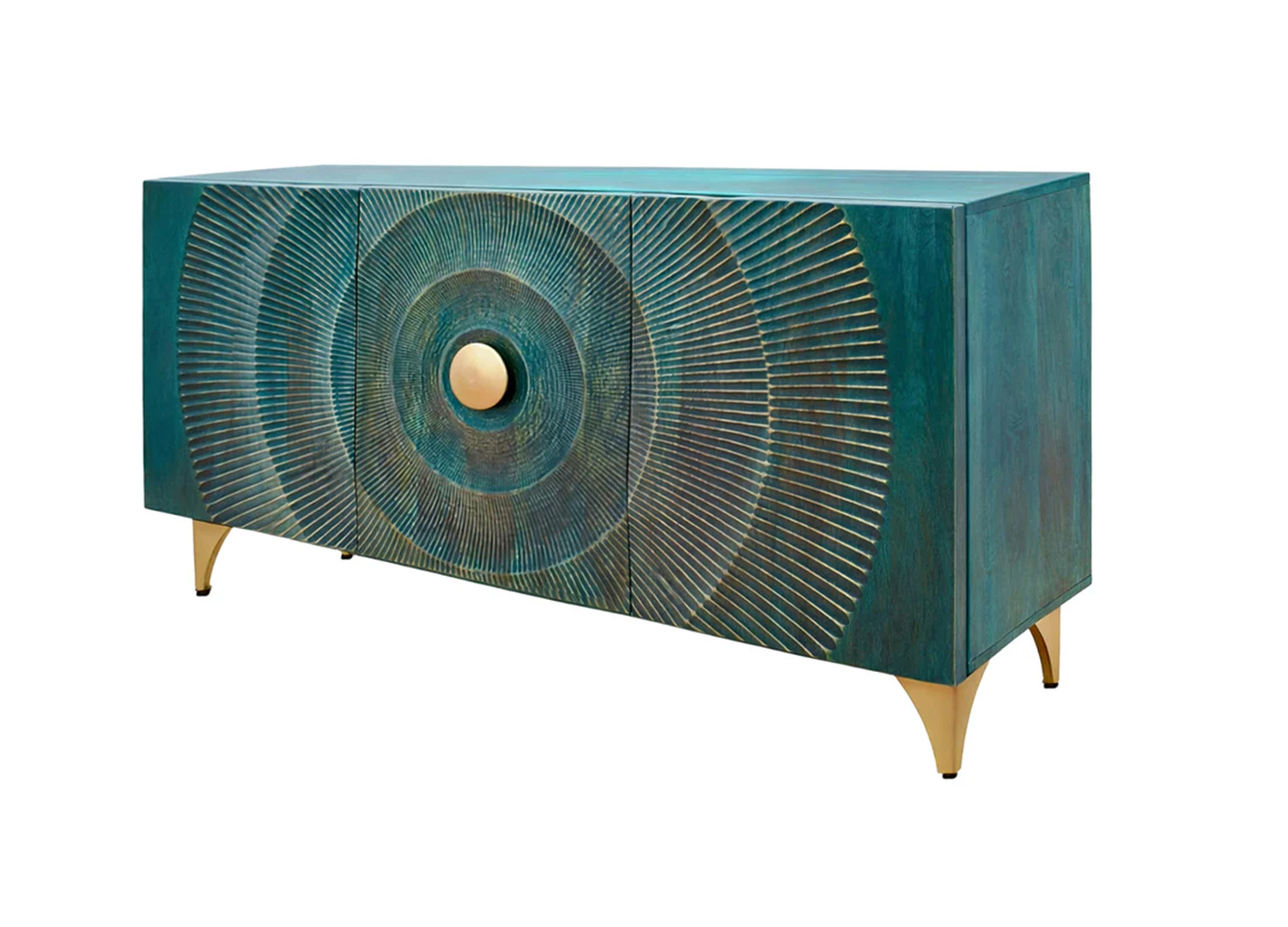 Buffet en manguier sculpté turquoise et doré 140 cm Sunset