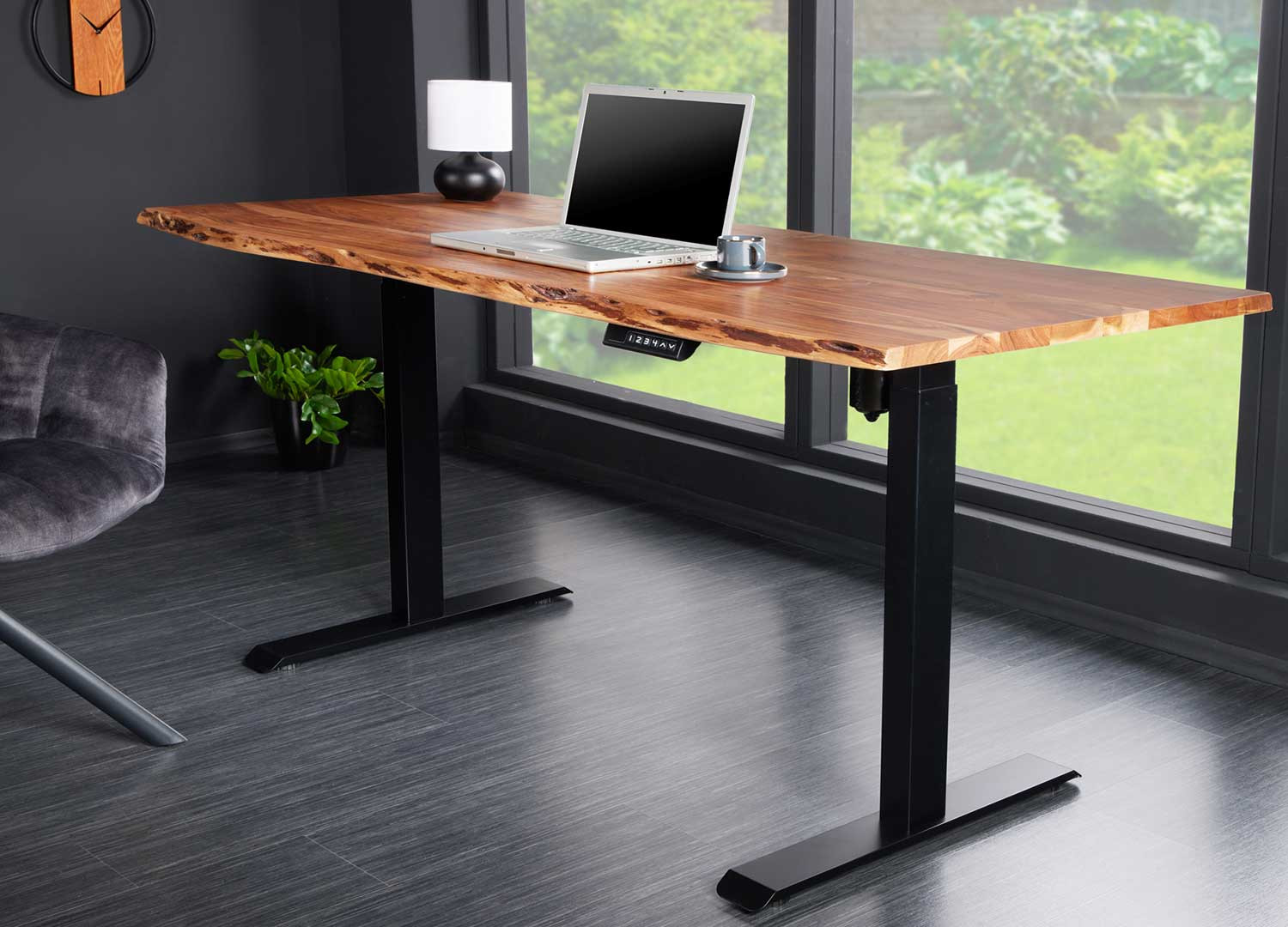 Bureau 160 cm assis debout acacia massif et métal noir