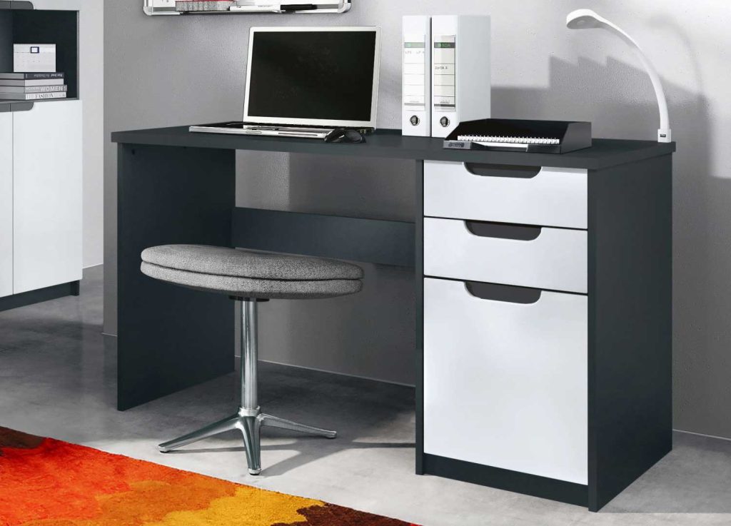 Bureau 2 tiroirs et 1 porte blanc et noir Izia