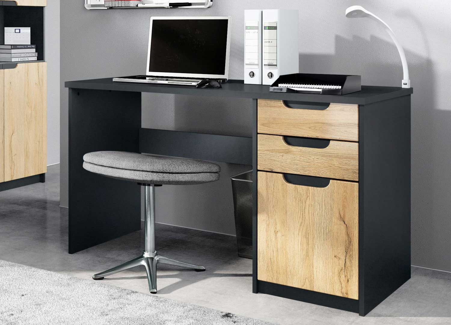 Bureau 2 tiroirs et 1 porte chêne et noir Izia