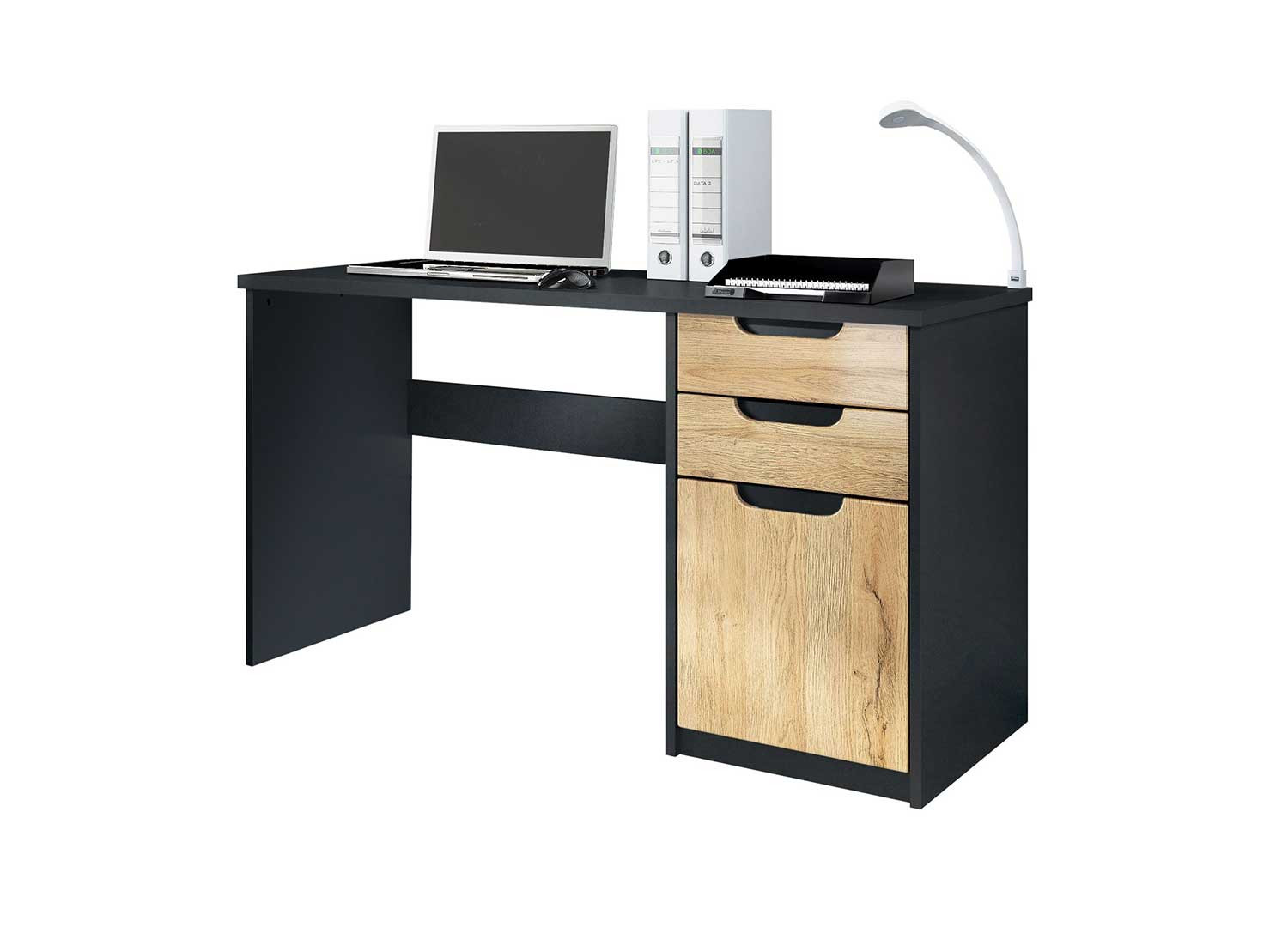 Bureau 2 tiroirs et 1 porte chêne et noir Izia