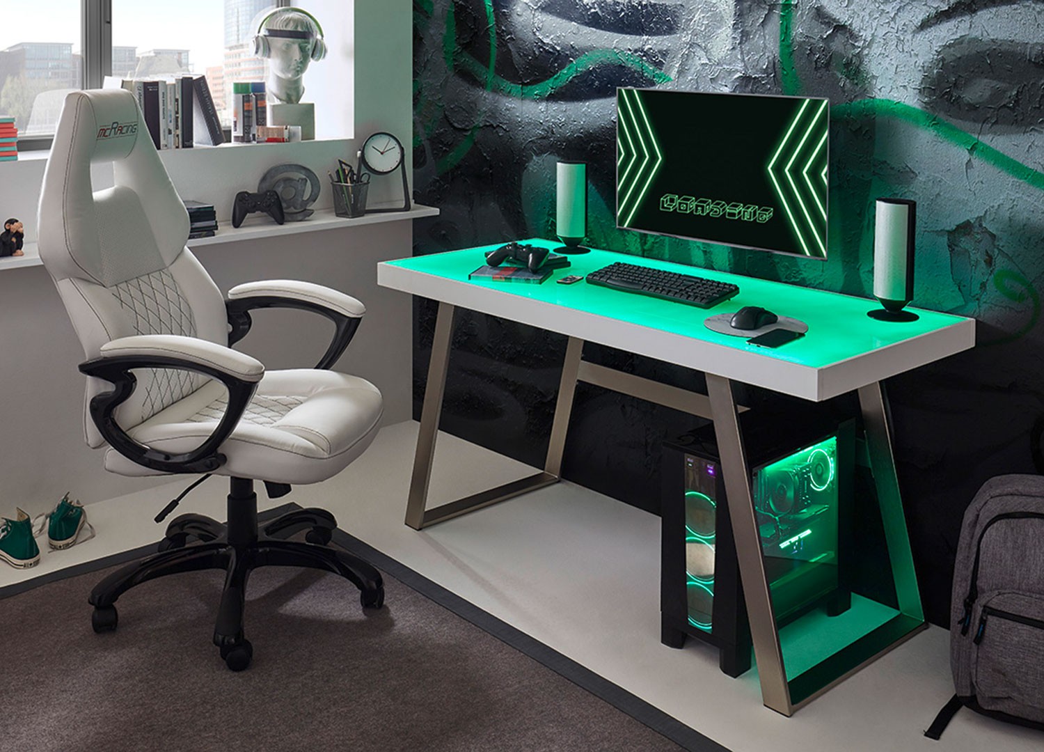 Bureau avec plateau en verre blanc et éclairage rgb