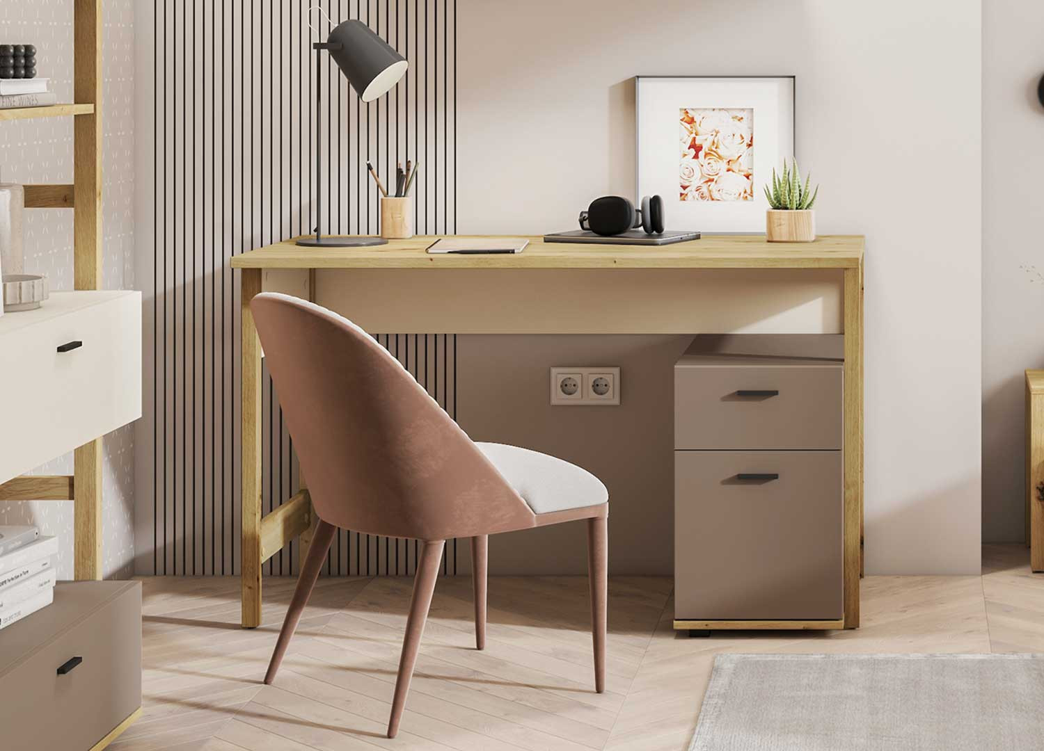 Bureau beige et taupe avec caisson de rangement