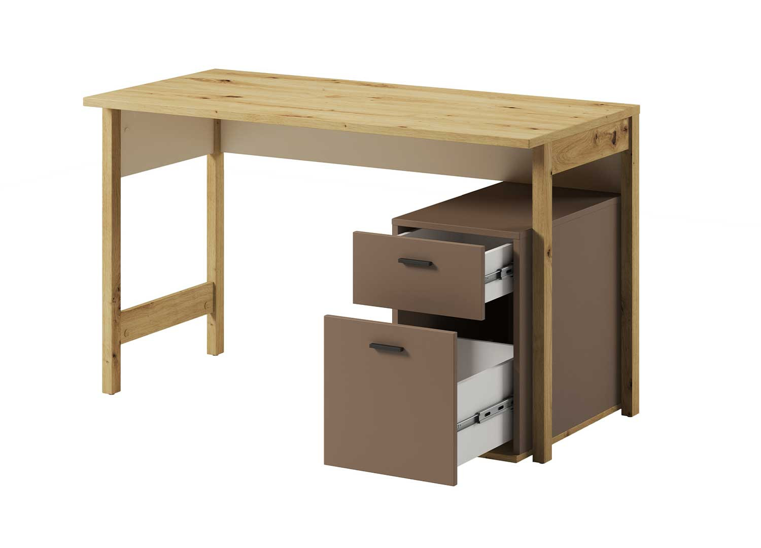 Bureau beige et taupe avec caisson de rangement
