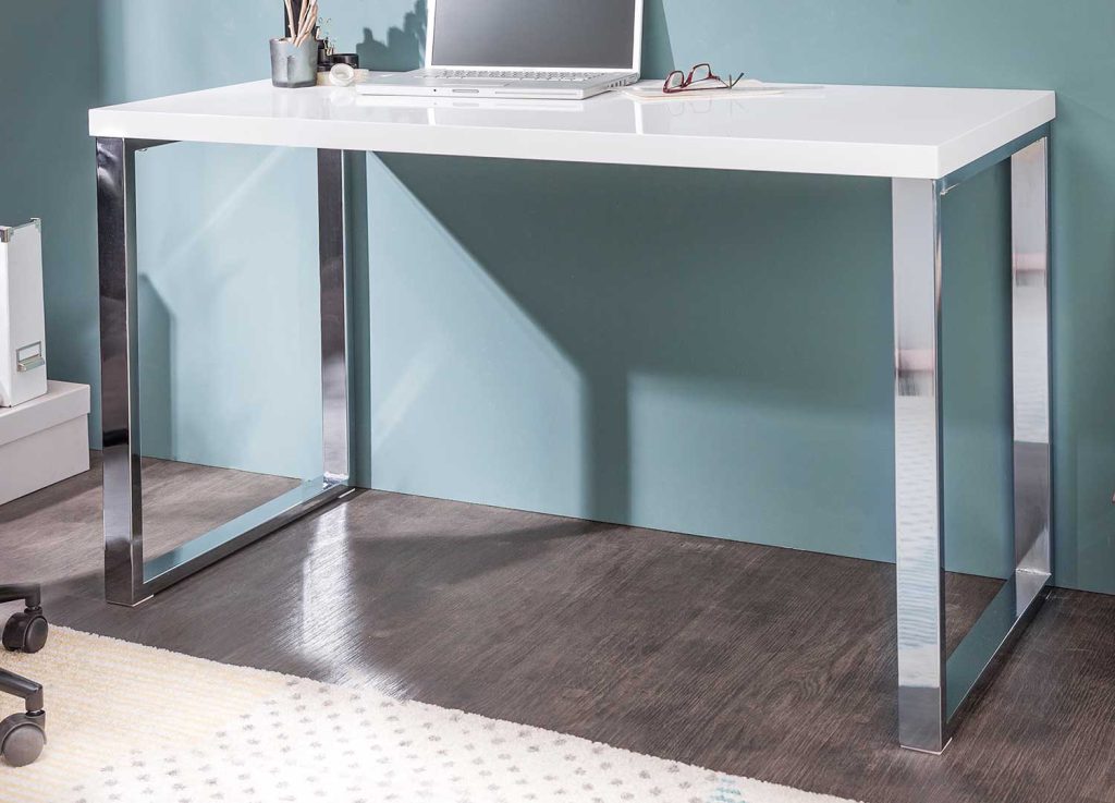 Bureau blanc brillant et pieds chromés 120 cm