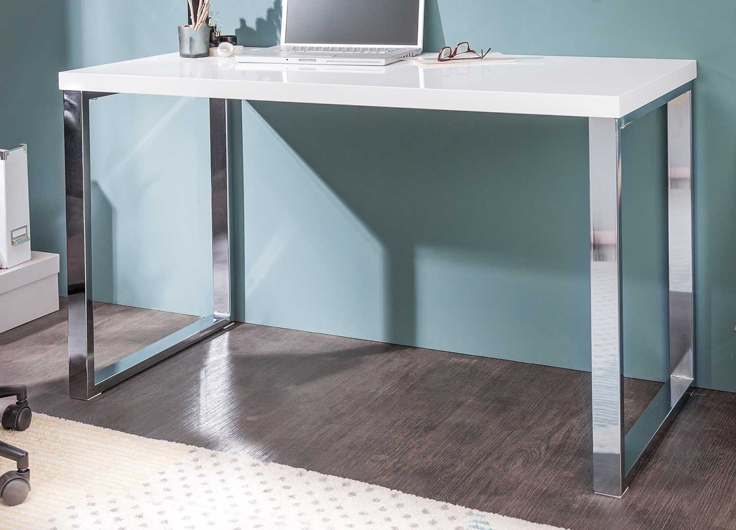 Bureau blanc brillant et pieds chromés 120 cm