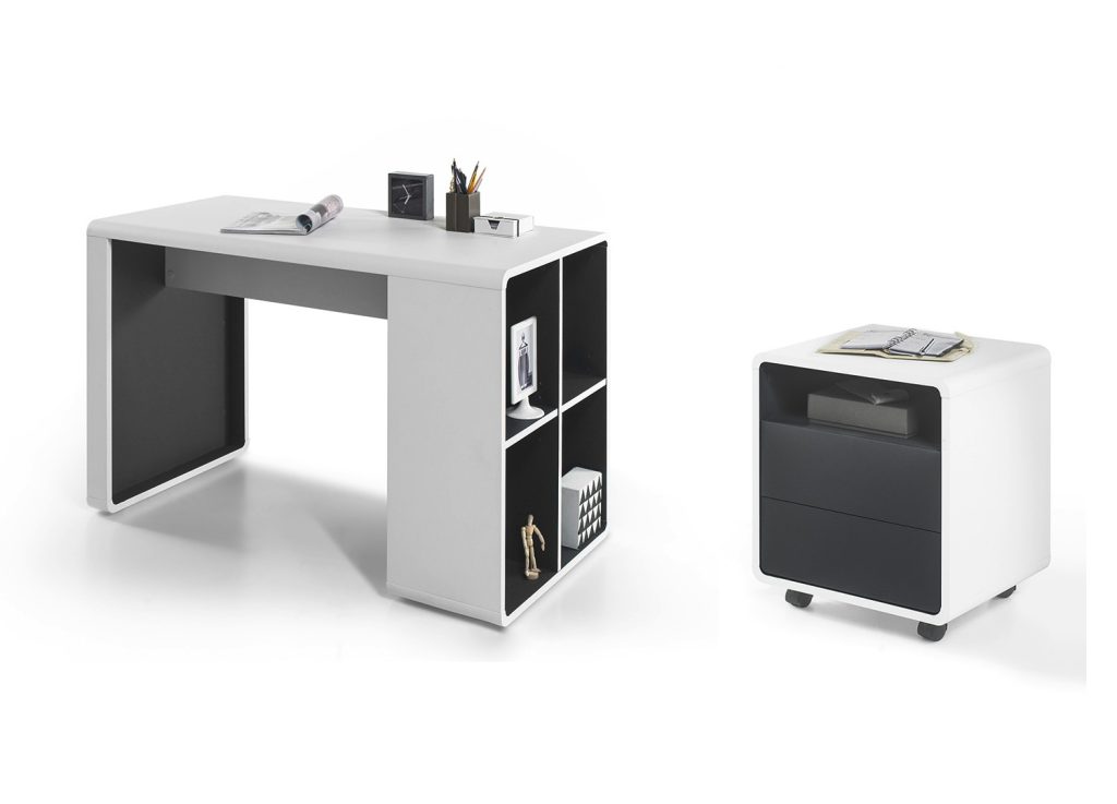 Bureau blanc et anthracite avec caisson