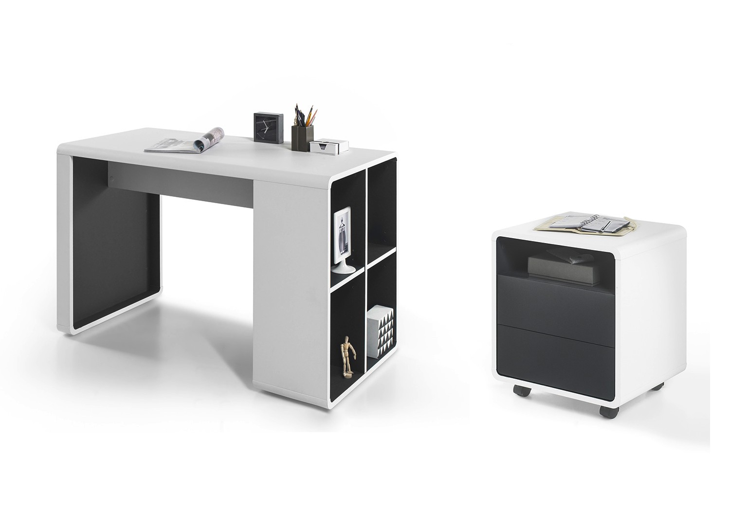 Bureau blanc et anthracite avec caisson
