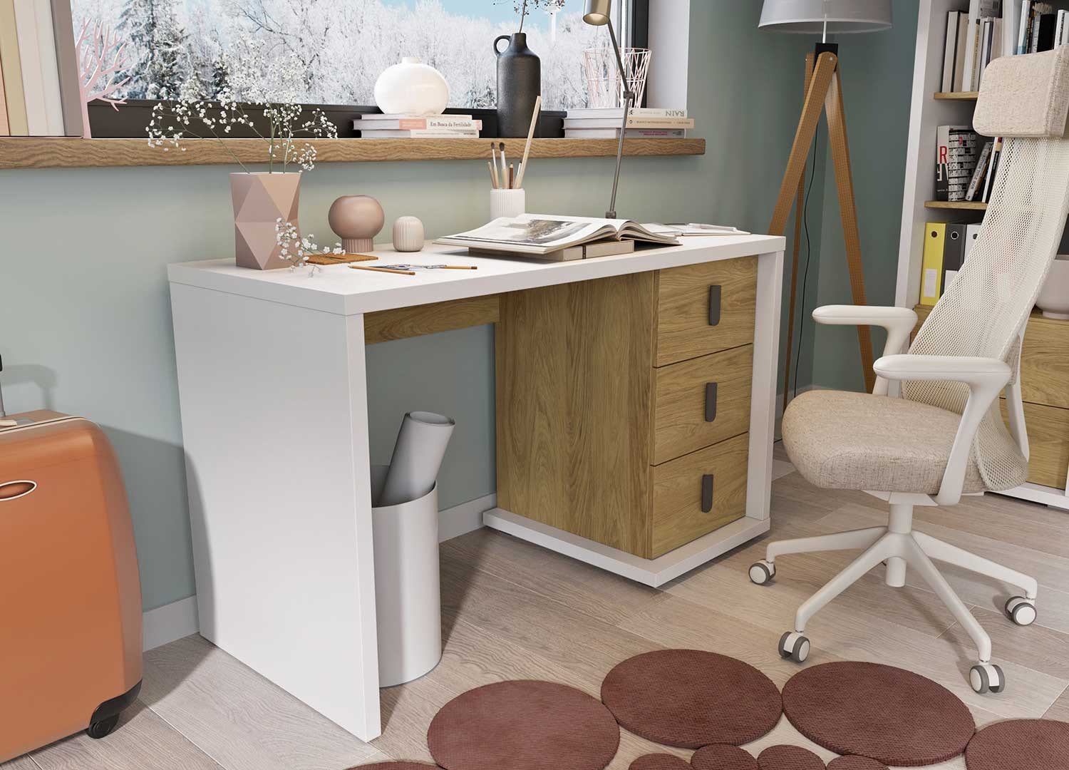 Bureau blanc et chêne de 3 tiroirs