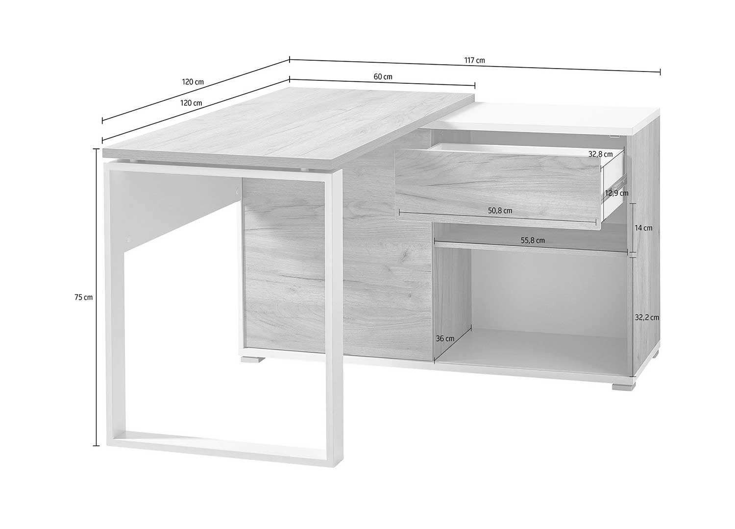 Bureau d'angle avec rangements et tiroir intégrés