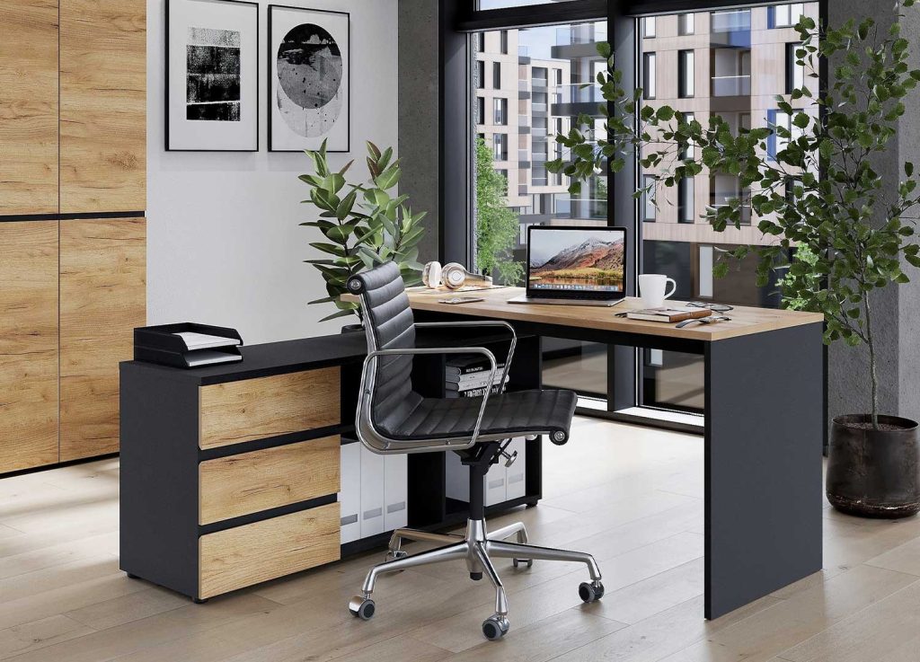 Bureau d'angle réversible avec rangements gris graphite et chêne