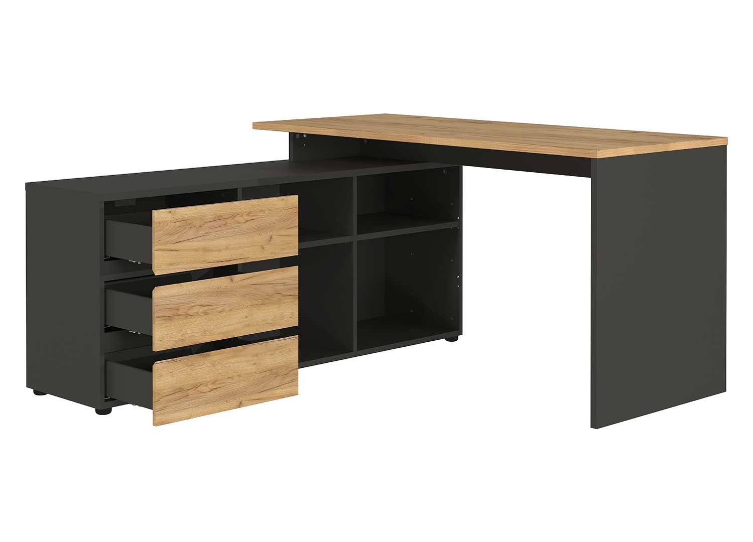 Bureau d'angle réversible avec rangements gris graphite et chêne