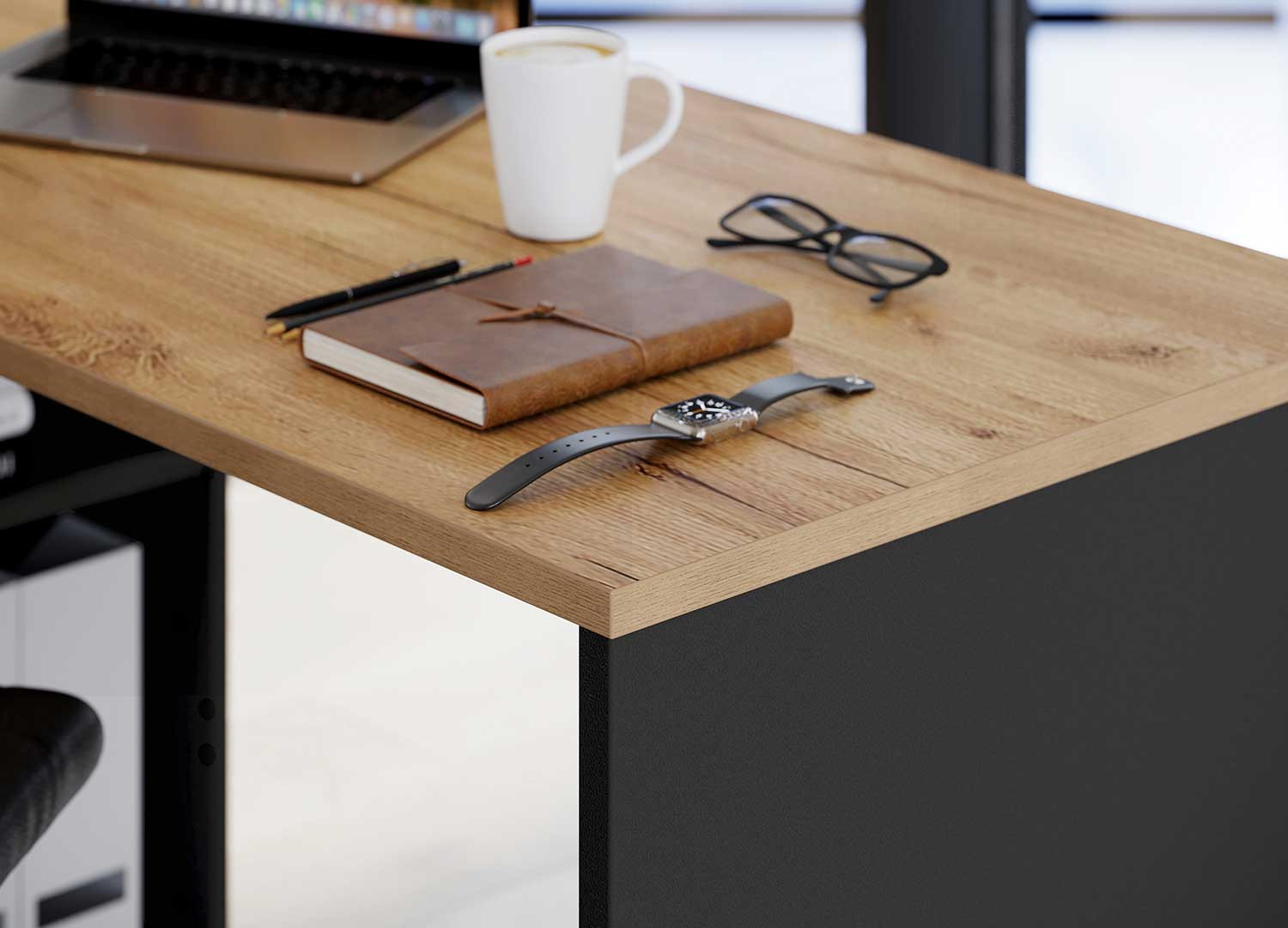 Bureau d'angle réversible avec rangements gris graphite et chêne