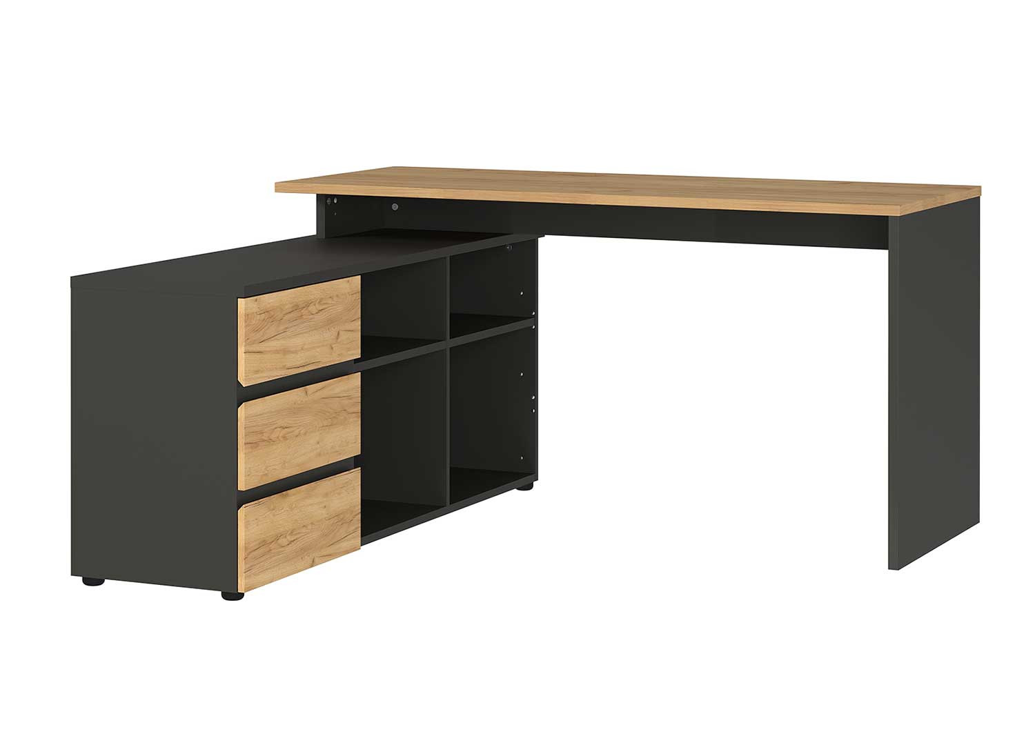 Bureau d'angle réversible avec rangements gris graphite et chêne