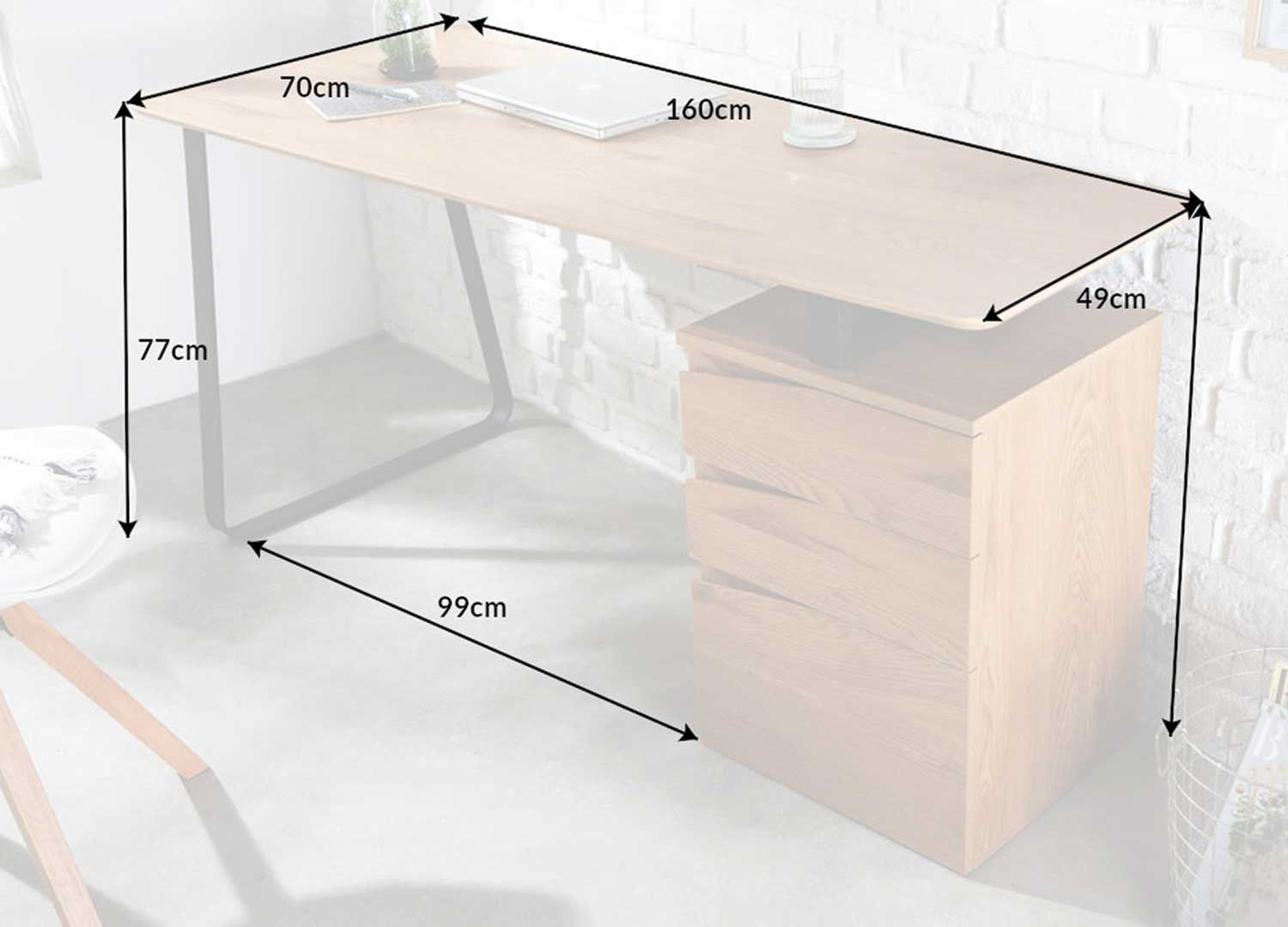 Bureau en bois avec caisson de 3 tiroirs