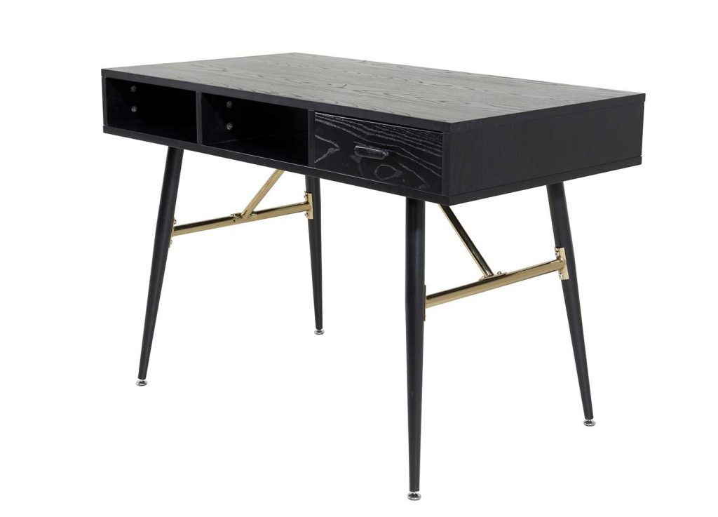 Bureau noir et acier doré 1 tiroir et 2 niches