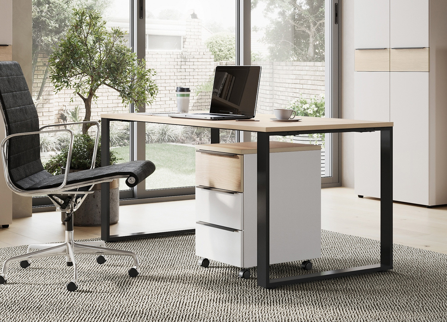Bureau ordinateur chêne clair et noir 160 cm Oviedo
