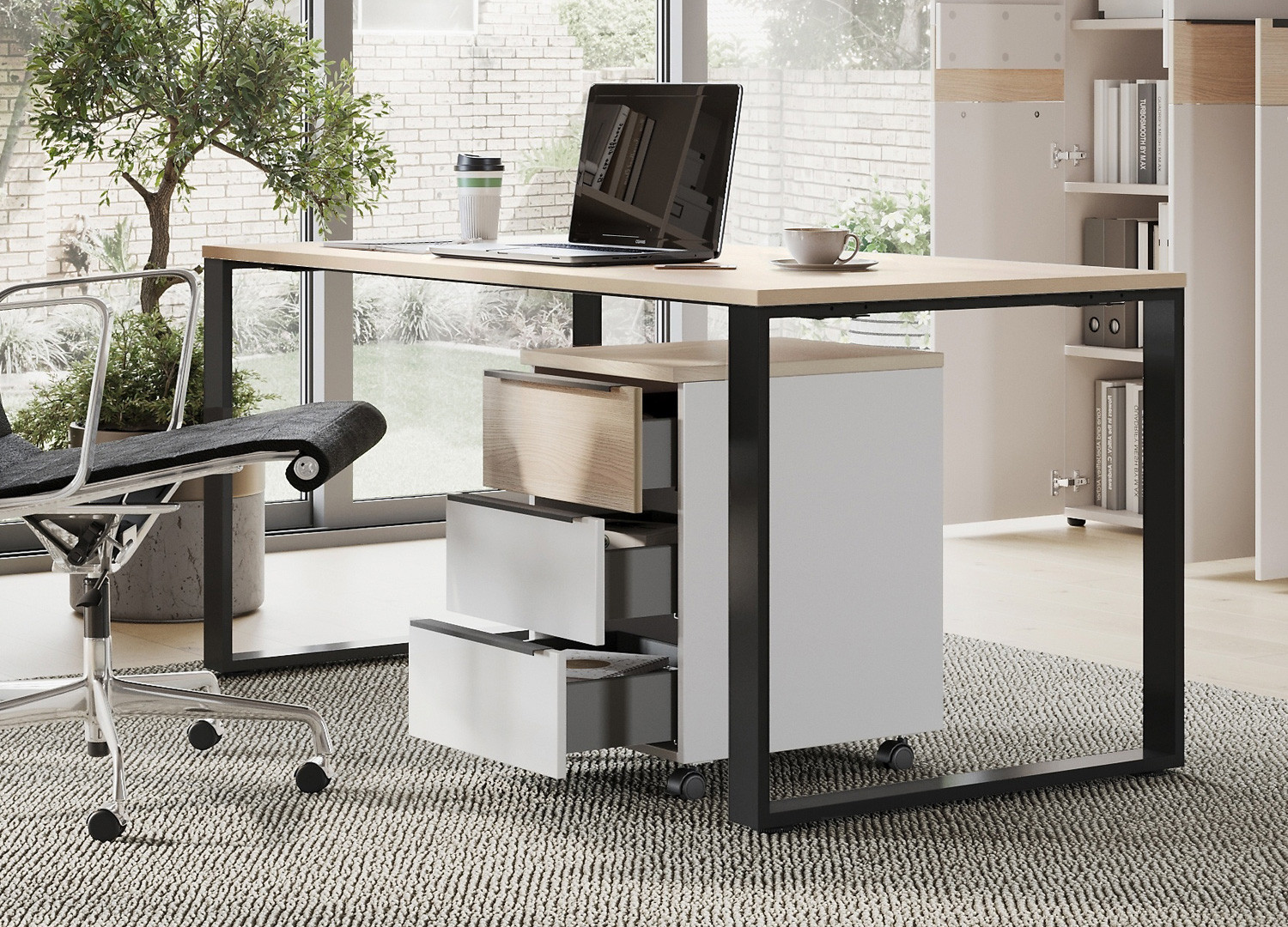 Bureau ordinateur chêne clair et noir 160 cm Oviedo