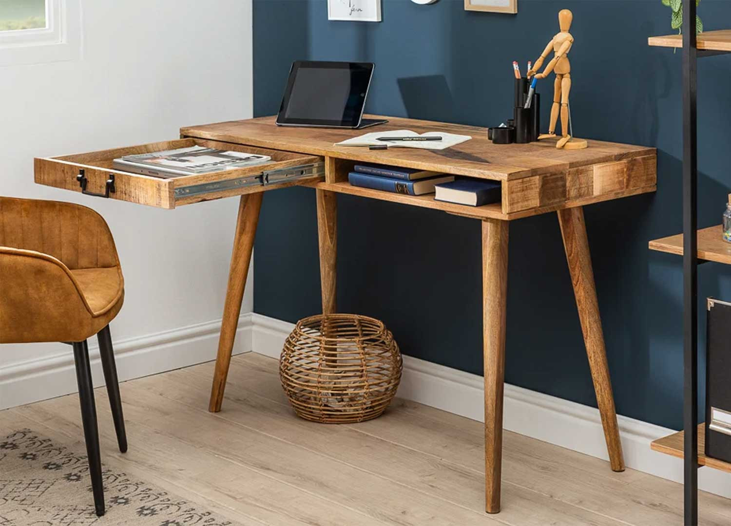 Bureau secrétaire bois de manguier 1 tiroir, 1 niche