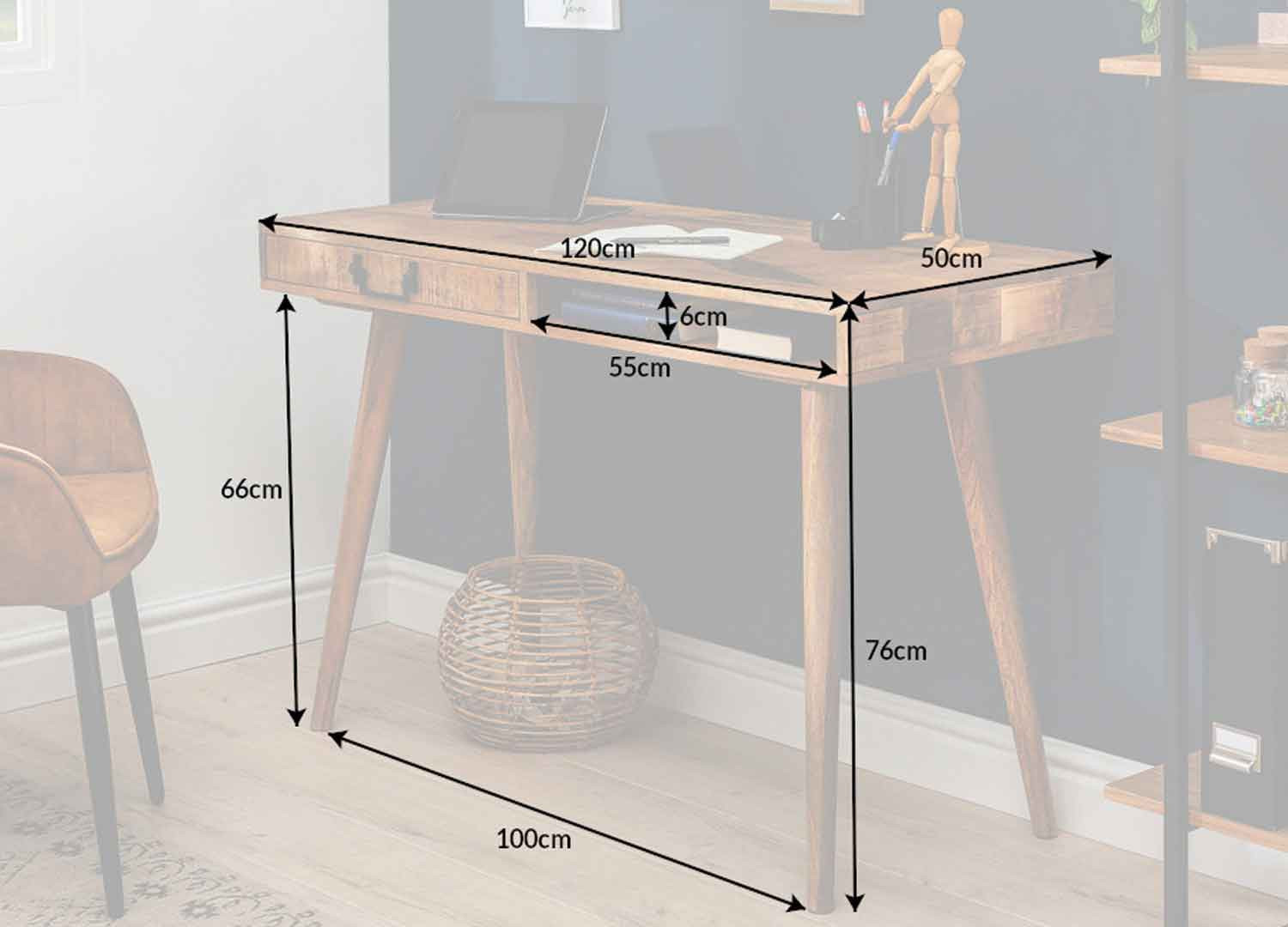 Bureau secrétaire bois de manguier 1 tiroir, 1 niche