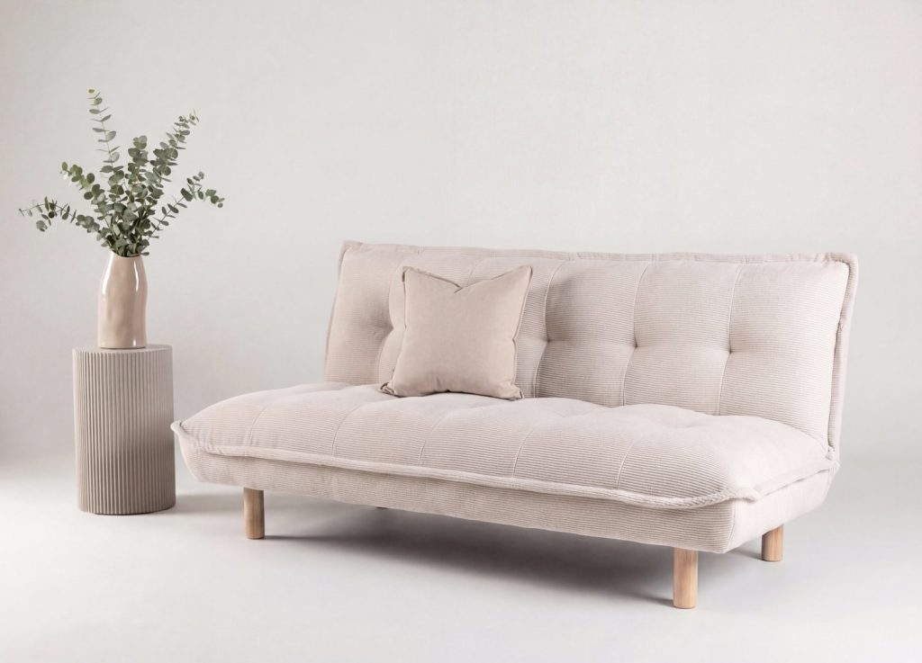 Canapé convertible 2 places Gertrud velours côtelé beige 182 cm mis en scène dans un salon
