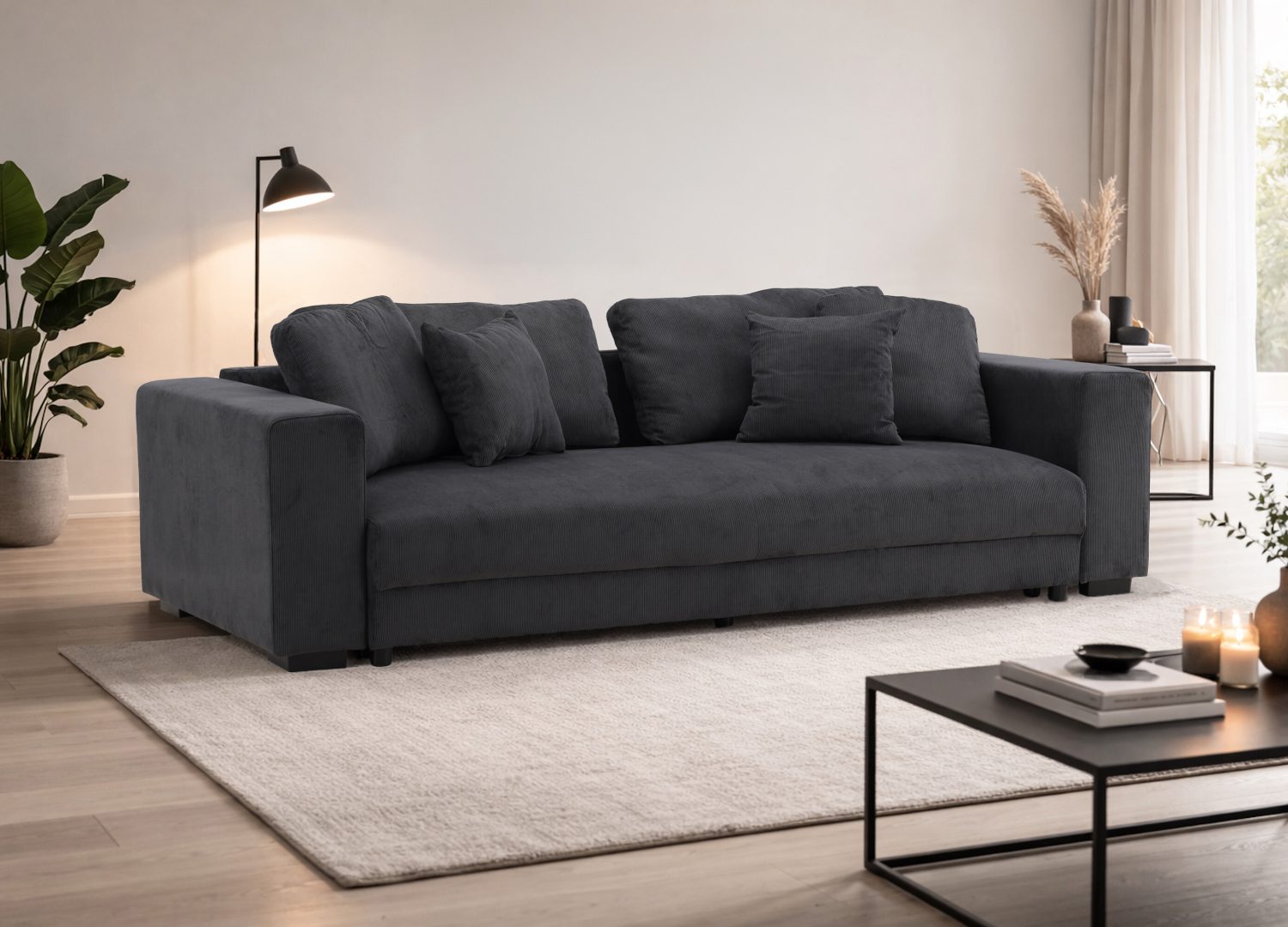 Canapé convertible 3 places Bellman tissu gris foncé 250 cm mis en scène dans un salon