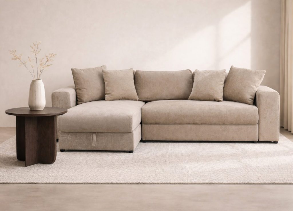 Canapé convertible Bellman tissu beige 250 cm mis en scène dans un salon
