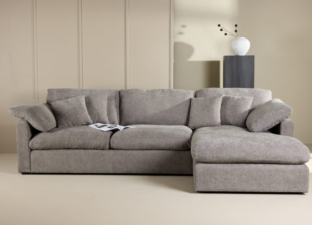 Canapé d'angle Amalfi tissu gris foncé angle réversible cm mis en scène dans un salon