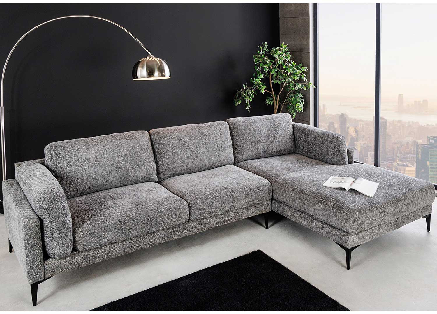Canapé d'angle tissu texturé chenille gris Elion