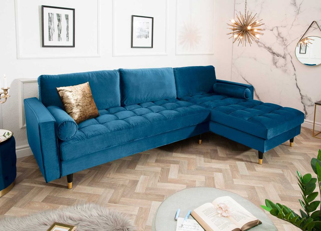 Canapé d'angle velours bleu canard 260 cm Anatole