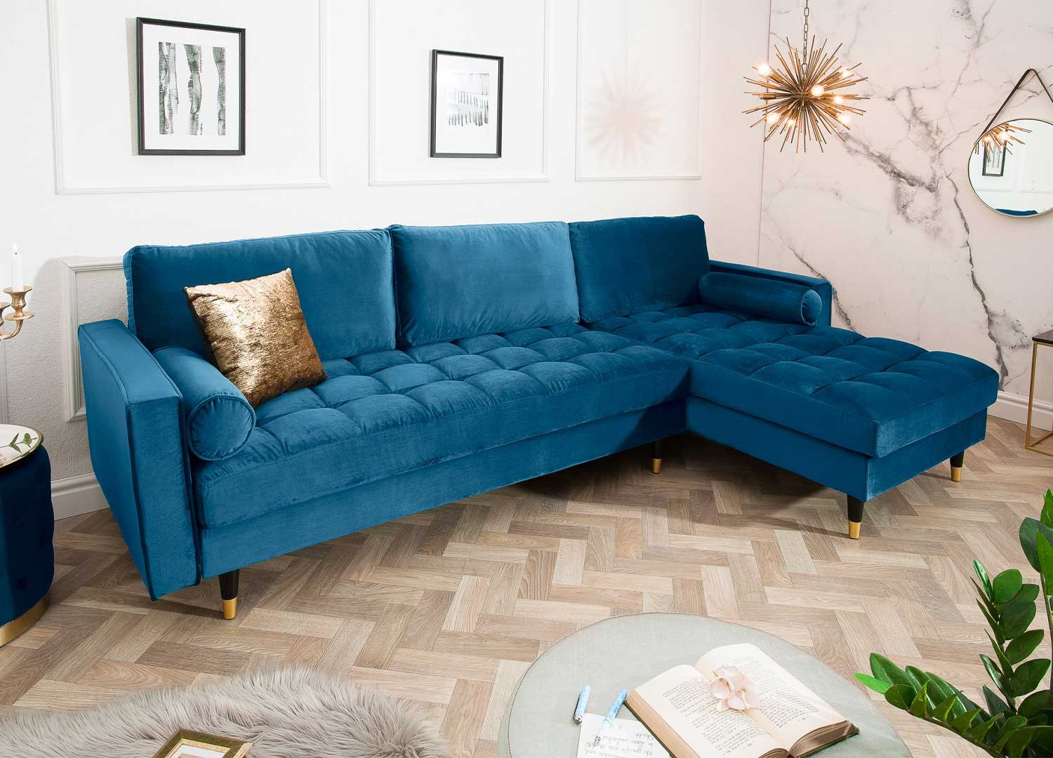 Canapé d'angle velours bleu canard 260 cm Anatole