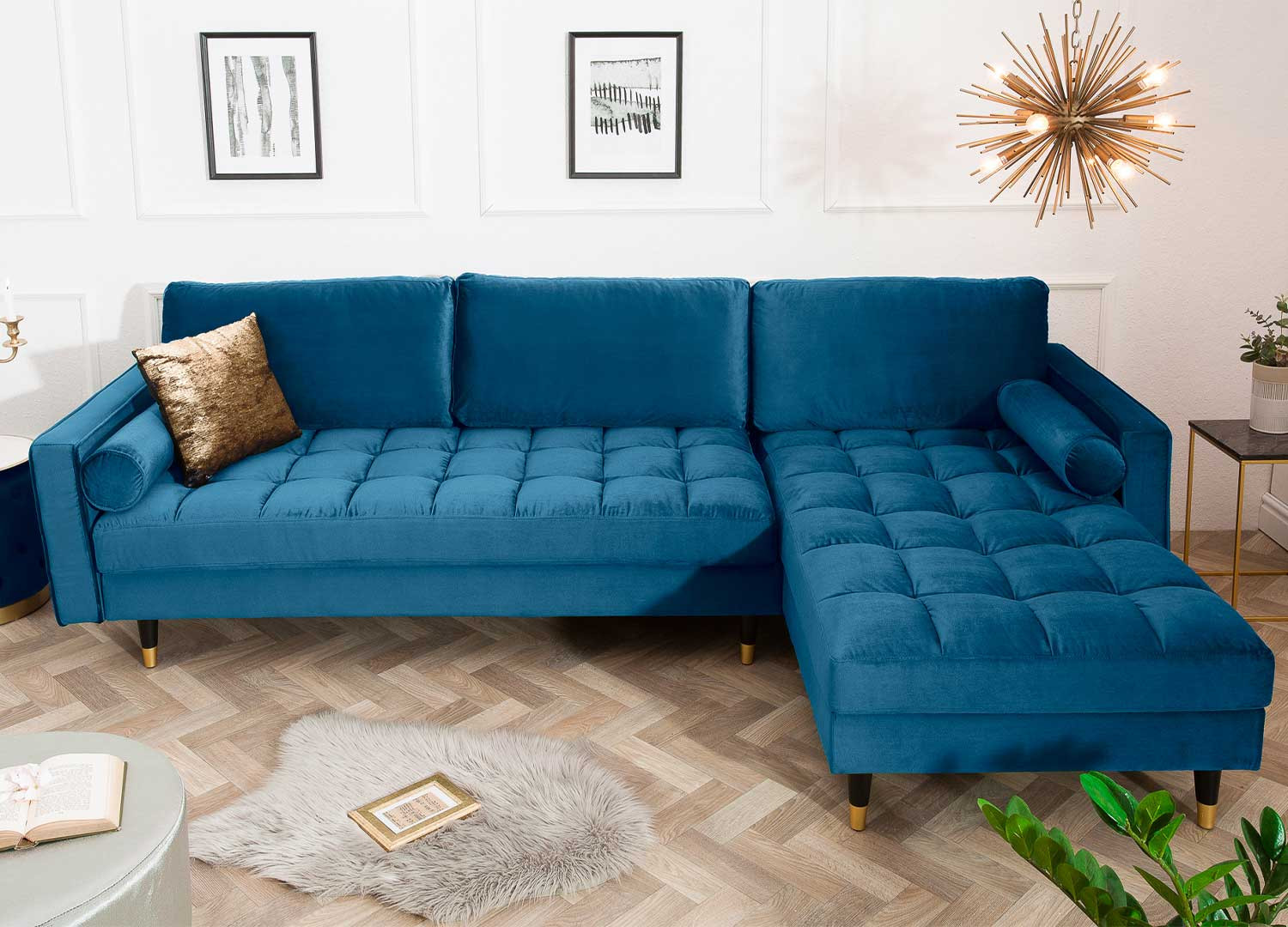 Canapé d'angle velours bleu canard 260 cm Anatole