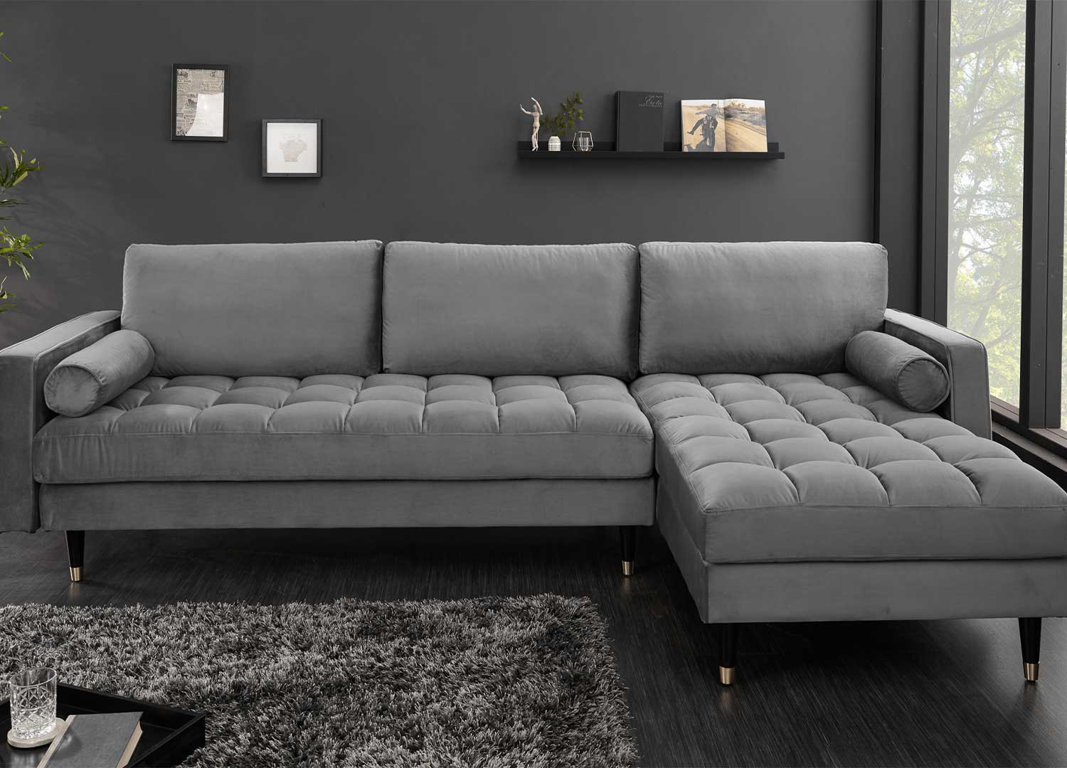 Canapé d'angle velours gris 260 cm Anatole