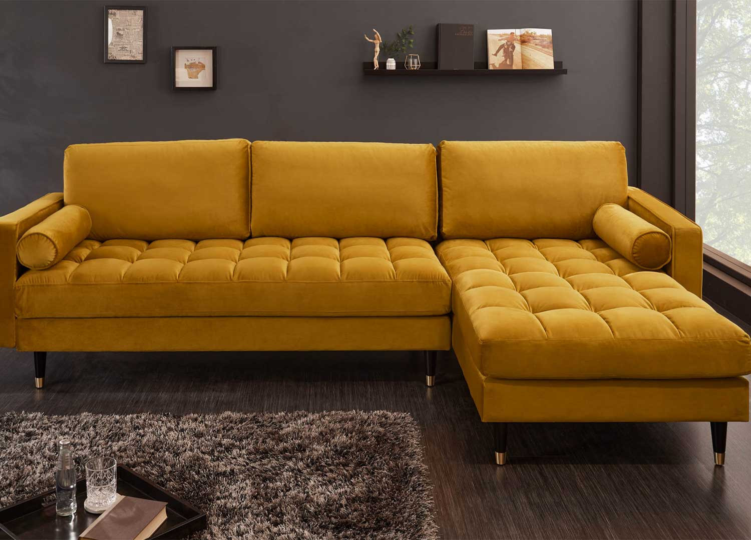 Canapé d'angle velours jaune 260 cm Anatole