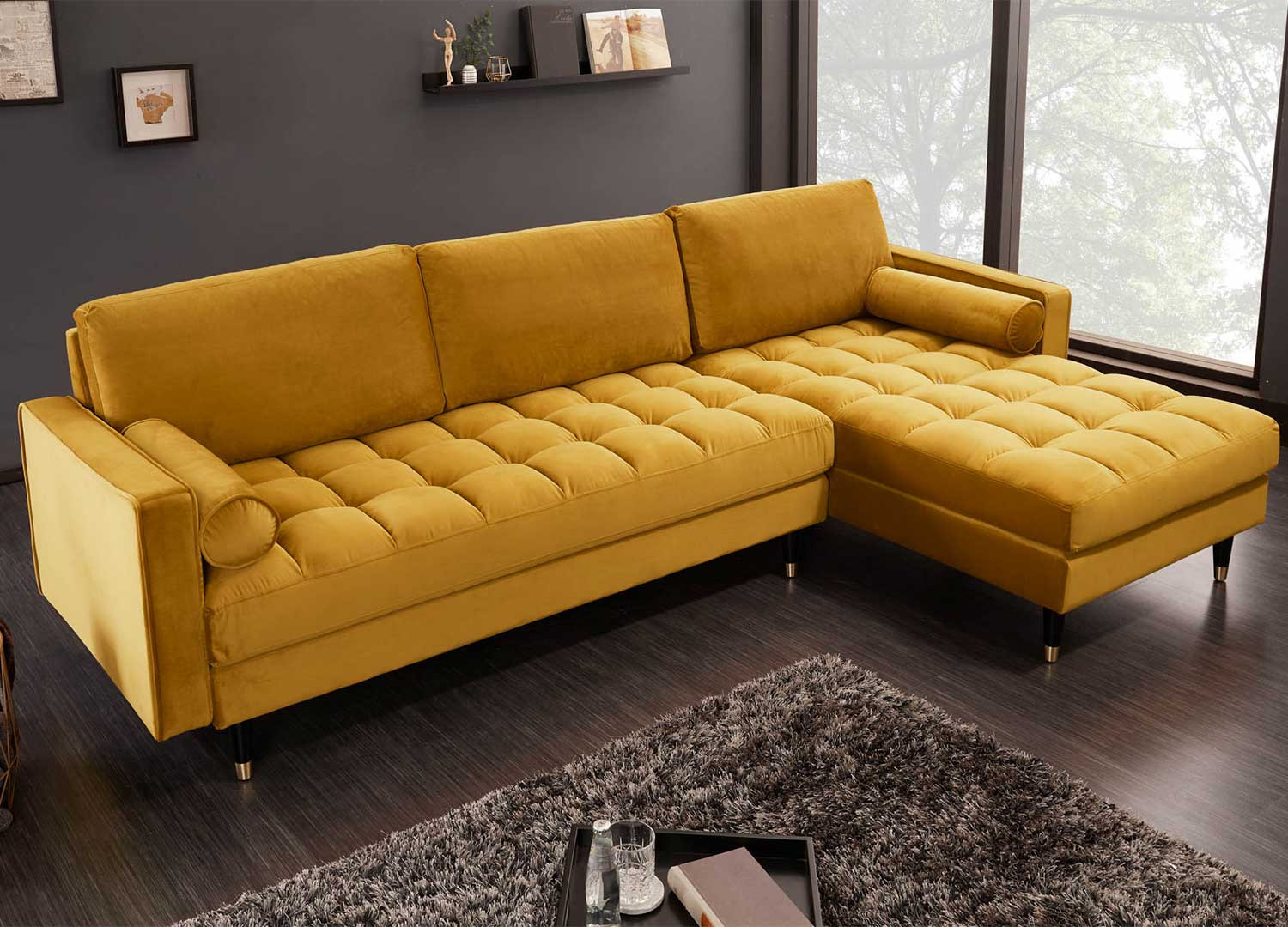 Canapé d'angle velours jaune 260 cm Anatole