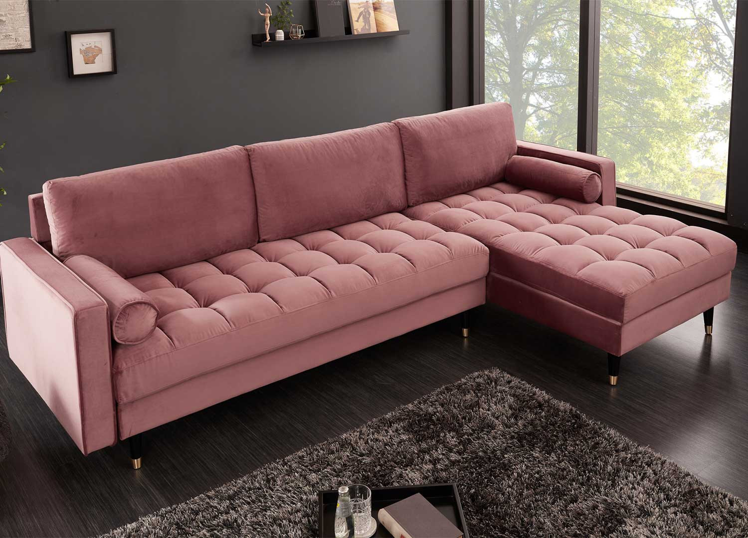Canapé d'angle velours rose 260 cm Anatole