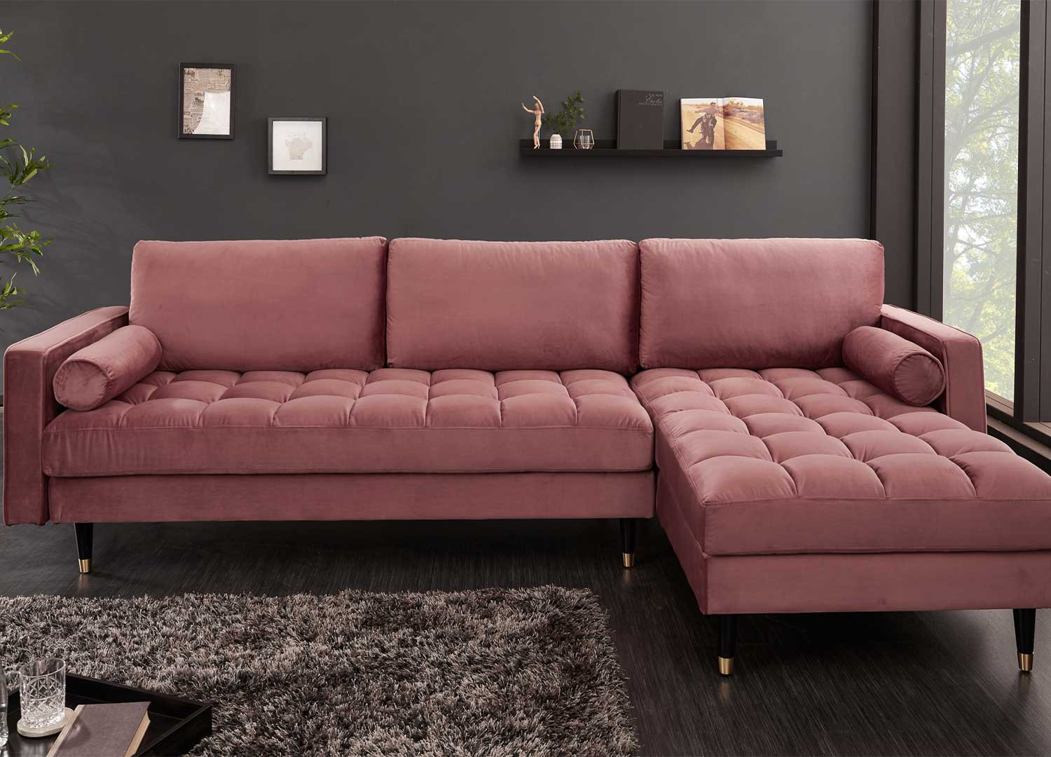 Canapé d'angle velours rose 260 cm Anatole
