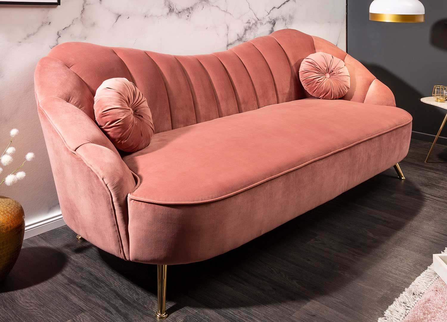 Canapé rétro 3 places velours rose 220 cm